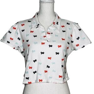Maeve by Anthropologie White Embroidered Bows Polo Shirt Cropped Womens Size L